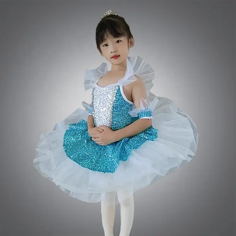 shiny sequin fabric Kids Dance Leotards Slim Ballet Dress Bubble Skirts Child Gymnastics Practice Bodysuit Ballerina Clothes