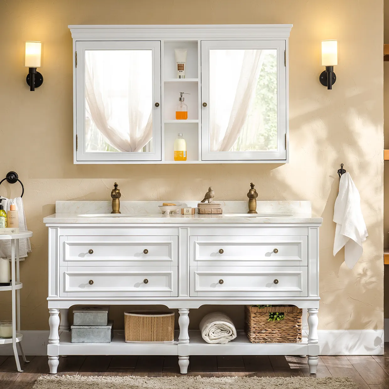 Armário de madeira sólida, design de parede, espelho com pia dupla, estilo americano, clássico, banheiro