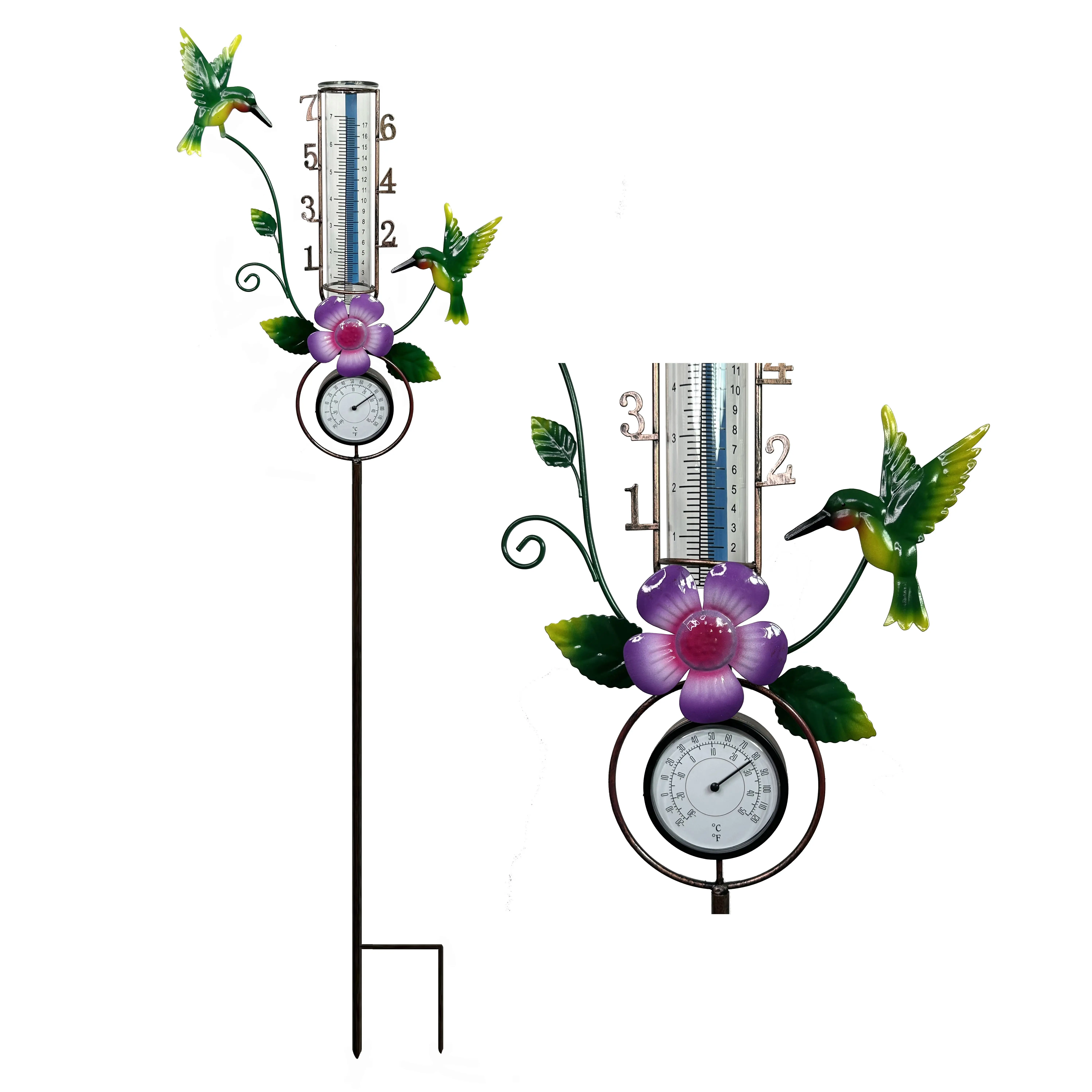 Pluviomètre extérieur en tube de verre Colibri en métal de jardin avec thermomètre Piquet de pluviomètre décoratif