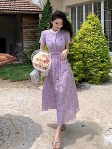 Ren dài ăn mặc 2025 mùa hè bên sự kiện Phụ nữ túi vành đai chắp vá nút phía trước ngắn tay áo màu tím thanh lịch Maxi Dress prom - Product Image 6