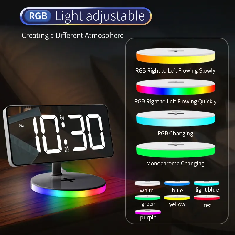 15W de carga rápida Digital y cargador inalámbrico para teléfono ABS escritorio LED luz nocturna reloj despertador