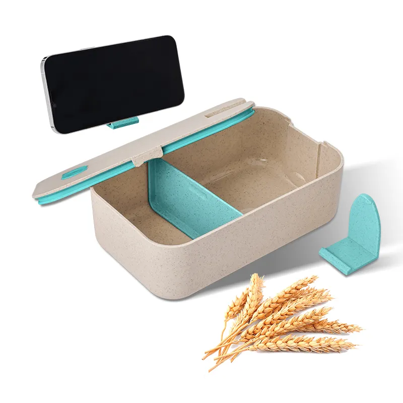 Lancheira de plástico Bento Box com suporte para celular, nova caixa ecológica de palha de trigo