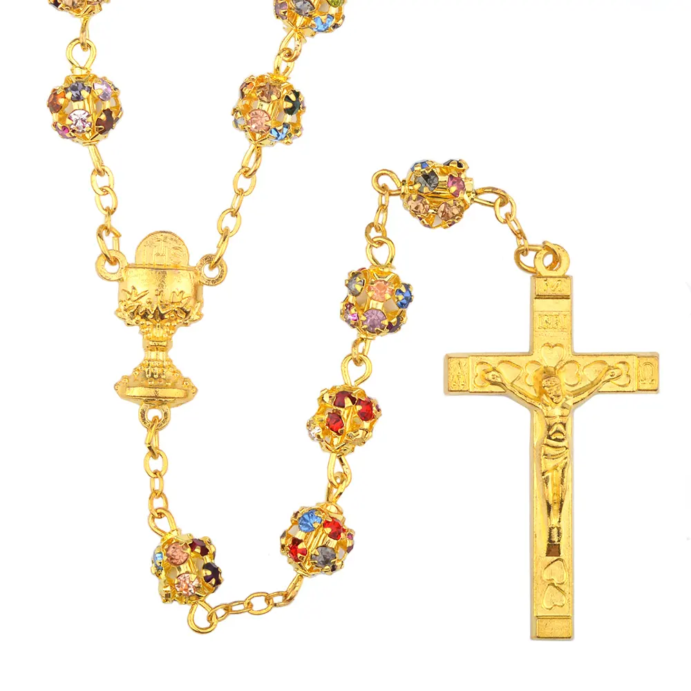 Regalo cattolico di alta qualità diamante rosario collana rame strass perline calice d'oro centrotavola gioielli rosario cattolico