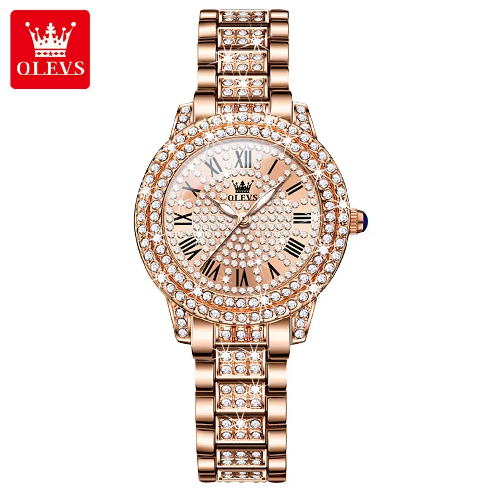Olevs 9943 원래 새로운 디자인 사용자 정의 시계 케이스 로마 숫자 시계 고급 다이아몬드 숙녀 시계 전체 다이아몬드 시계