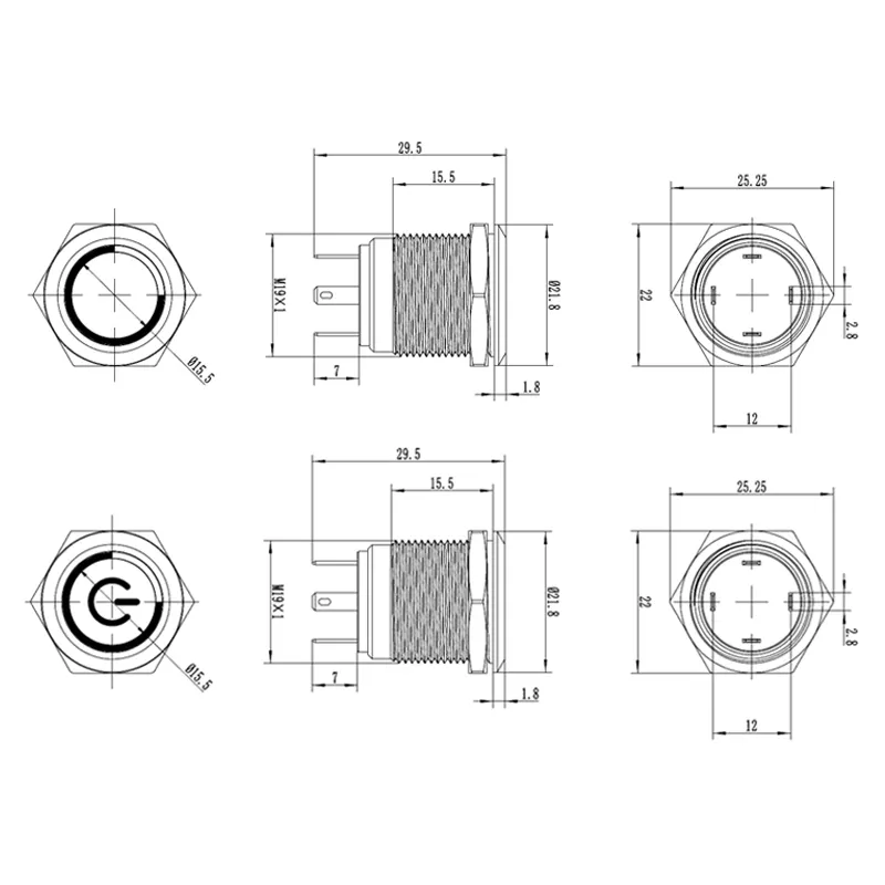 Saklar Tombol Tekan Logam Tahan Debu, 19Mm Tahan Air 4Pin dengan Lampu 3.3V 5V 12V 24V