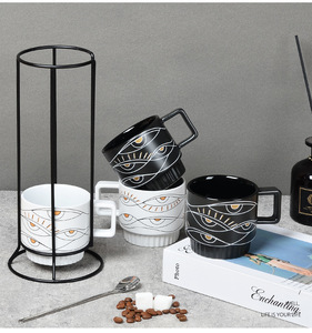Ins图案陶瓷OEM陶瓷4件套堆叠咖啡杯定制马克杯带铁架 - Product Image 3