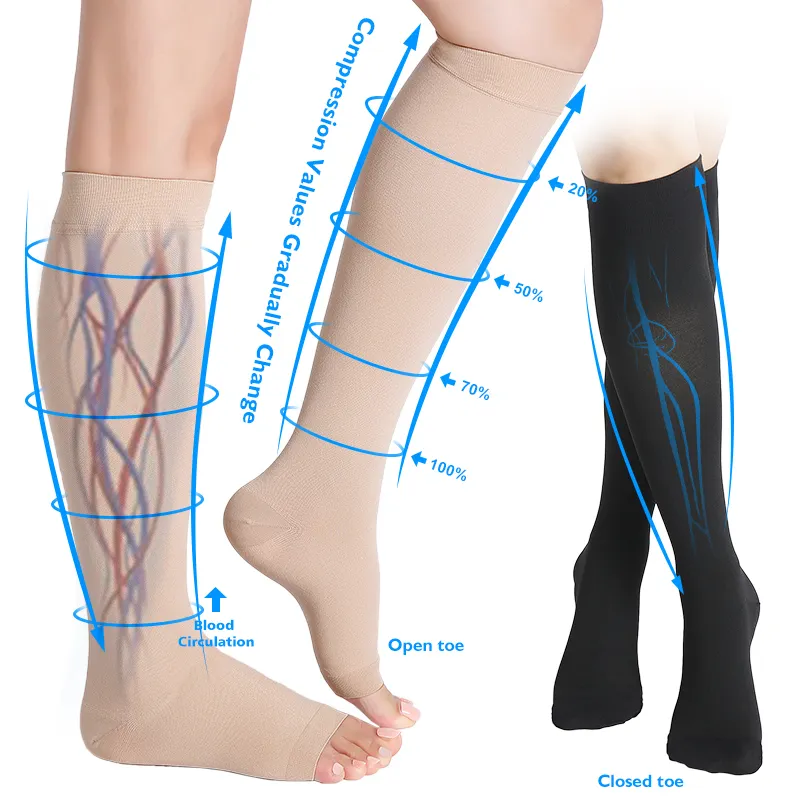 Professional qualified medical 23-32mmHg graduated compression black nude open closed toe knee high stockings for nurse