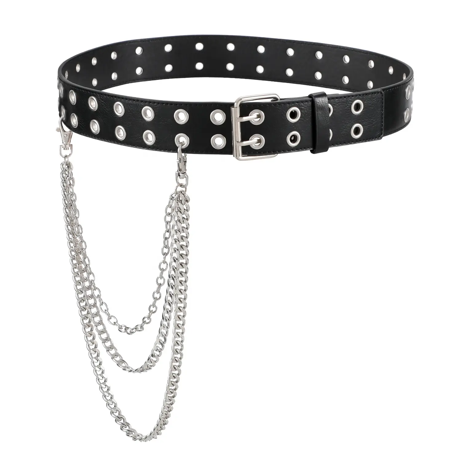 Cinturón Punk de cuero para mujer, con cadena de Metal, doble ojal, dos clavijas, de diseñador occidental