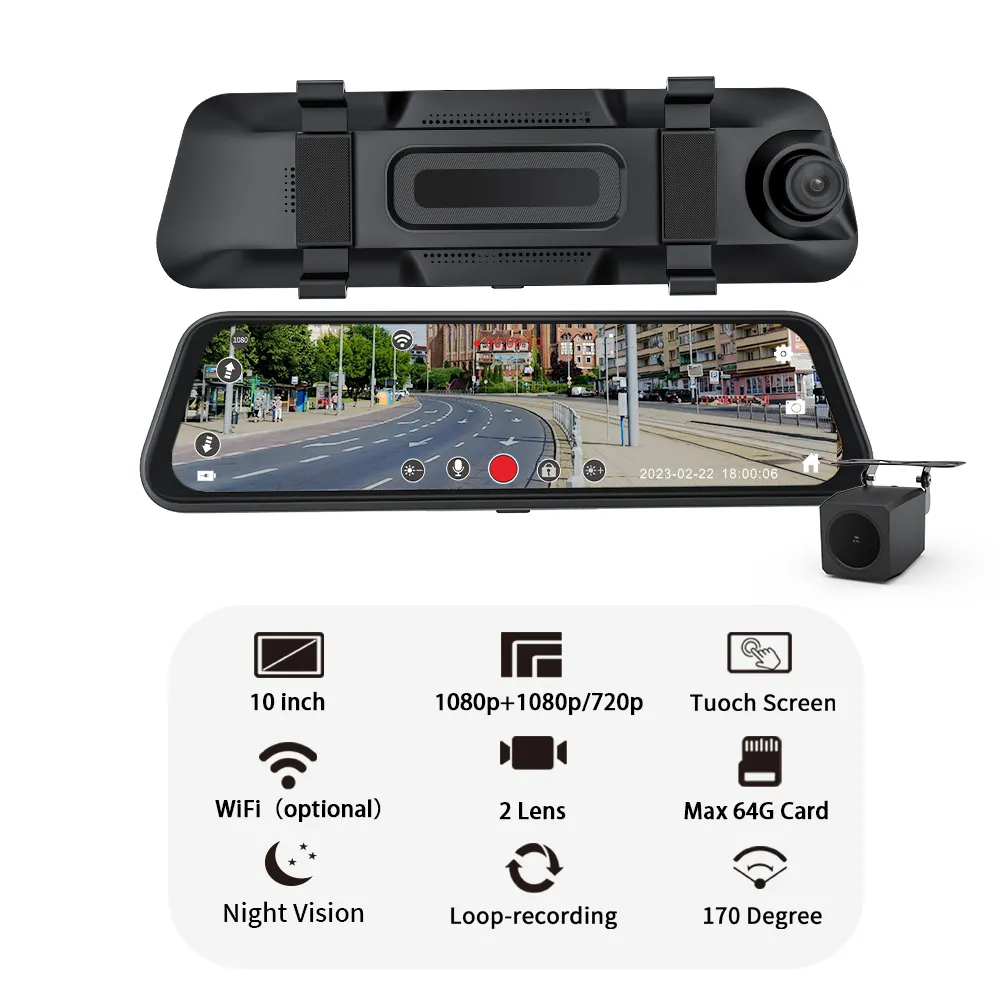 Gravador de condução com espelho retrovisor 1080p, câmera de traço de carro com lente dupla de 10 polegadas, 2K, DVR, Wi-Fi