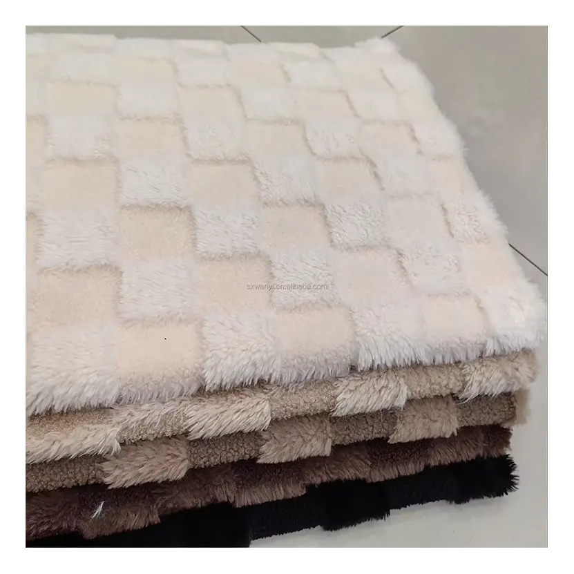 Tái chế tái chế 144f siêu mềm 100 Polyester giả lông thỏ tóc Jacquard vuông kiểm tra vải lưới vải lông cừu