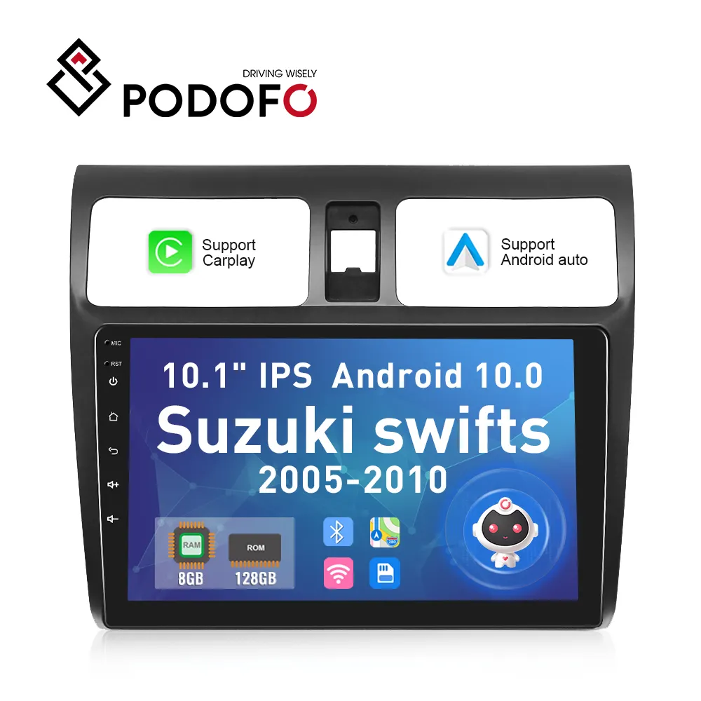 Podofo 8 Core 8 + 128Gb 10.1 "Autoradio Wifi 4G Android 10 Carplay Android Auto Ai voice Gps Dsp Eq Rds Voor Suzuki Swift 2005-2010