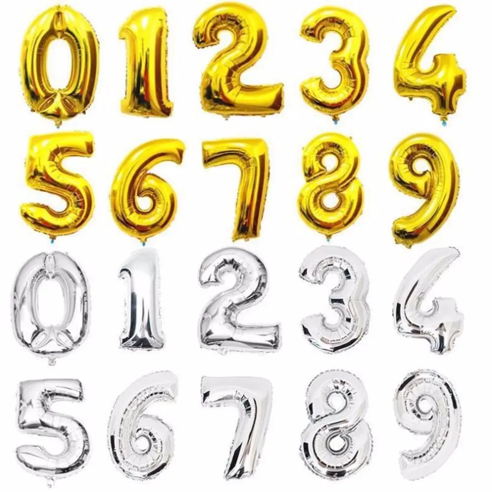 Balões de alumínio A-Z de 16 ", letras do alfabeto dourado e prateado, número árabe 0-9 folhas de balão decoração de festa de aniversário e natal
