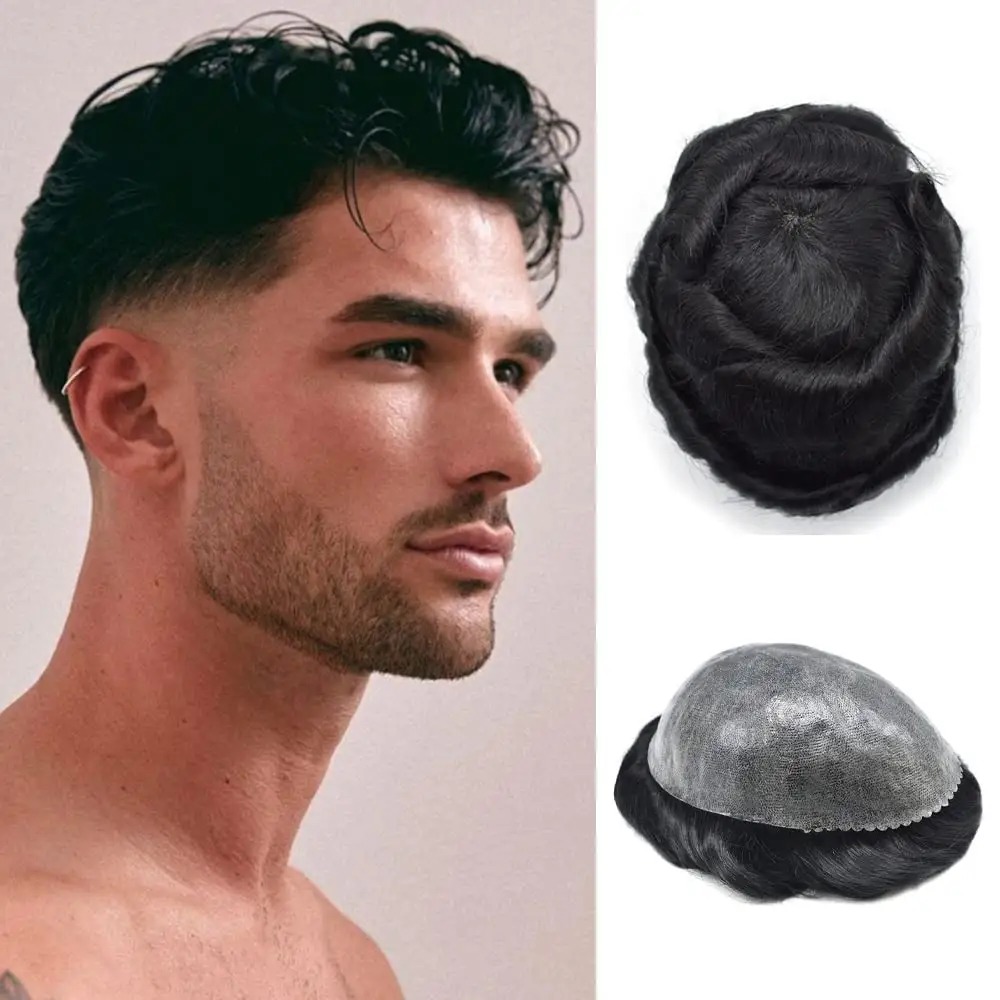 Wig Kulit Super Tipis Tahan Lama Sistem Pengganti Alami Toupee Wig Rambut Manusia India untuk Pria