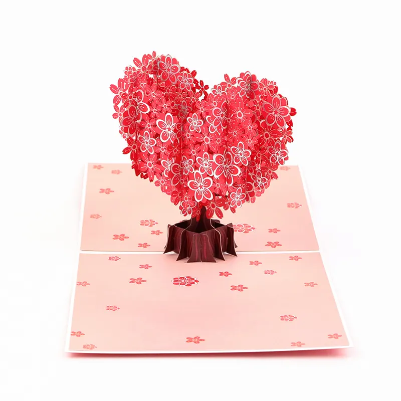 ขายส่งปรับแต่ง 3D Pop Card สีสันรักเชอร์รี่ต้นไม้กระดาษประติมากรรมวันวาเลนไทน์คริสต์มาส-ขอบคุณบัตรอวยพร