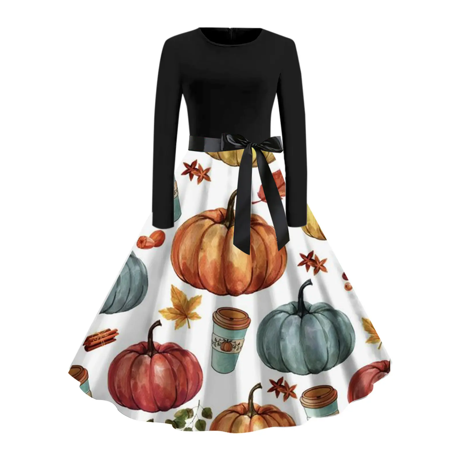 Women's church dress Long sleeved one line casual party evening dress Cute Halloween pattern dress