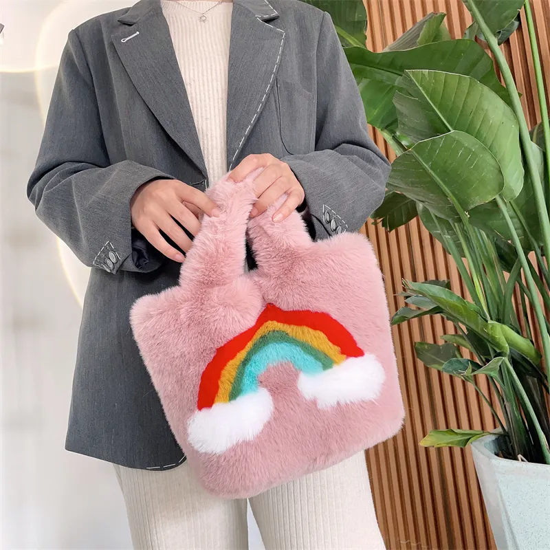 Borsa in pelliccia arcobaleno invernale 2022 nuove borse in peluche borse da donna alla moda da donna alla moda