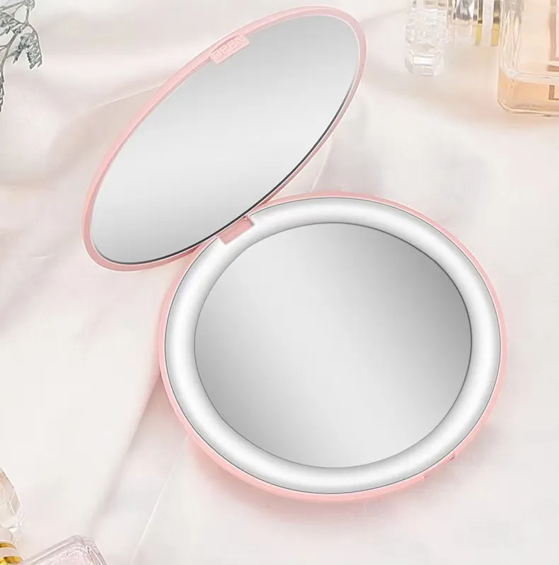 Miroir de poche led de maquillage cosmétique mini vente en gros petit miroir de maquillage led de voyage portable pliable miroir compact