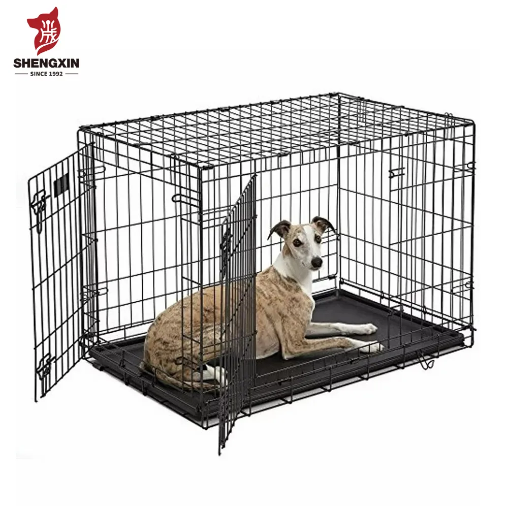 Cane di grandi dimensioni porta cane cane cane in filo di metallo doppio porta pieghevole animale domestico gabbia per animali con vassoio di plastica e maniglia