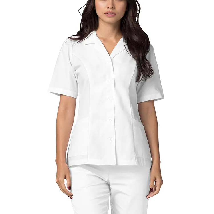 OEM Custom women's Universal Scrub Lab Coat Uniforme Hospital Women colletto con risvolto abbottonato Blank White Scrub Top Shirt