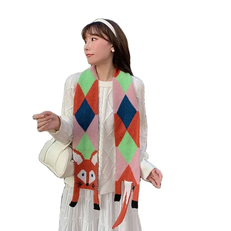 Bufanda de punto de dibujos animados para niños de otoño e invierno, chal cálido elegante para bebés de estilo coreano, bufanda de animales de punto