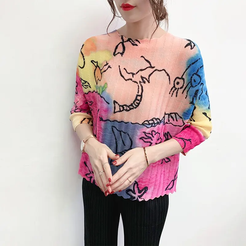 Camiseta de manga larga con bloqueo de Color para mujer, Jersey personalizado de tendencia de moda grande, camiseta de verano con grafiti multicolor