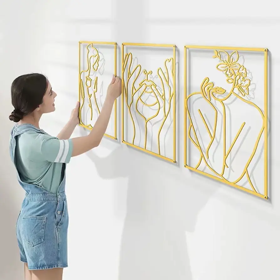 Arte decorativo de pared colgante de hierro moderno personalizado, arte 3D abstracto dorado con forma de cuerpo femenino de una sola línea minimalista, decoración de pared de Metal