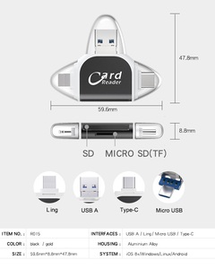 金属4In1 SD TF存储卡OTG适配器R015适用于苹果安卓Linux USB A/8针/微型/C型至SD TF读卡器转换器 - Product Image 2