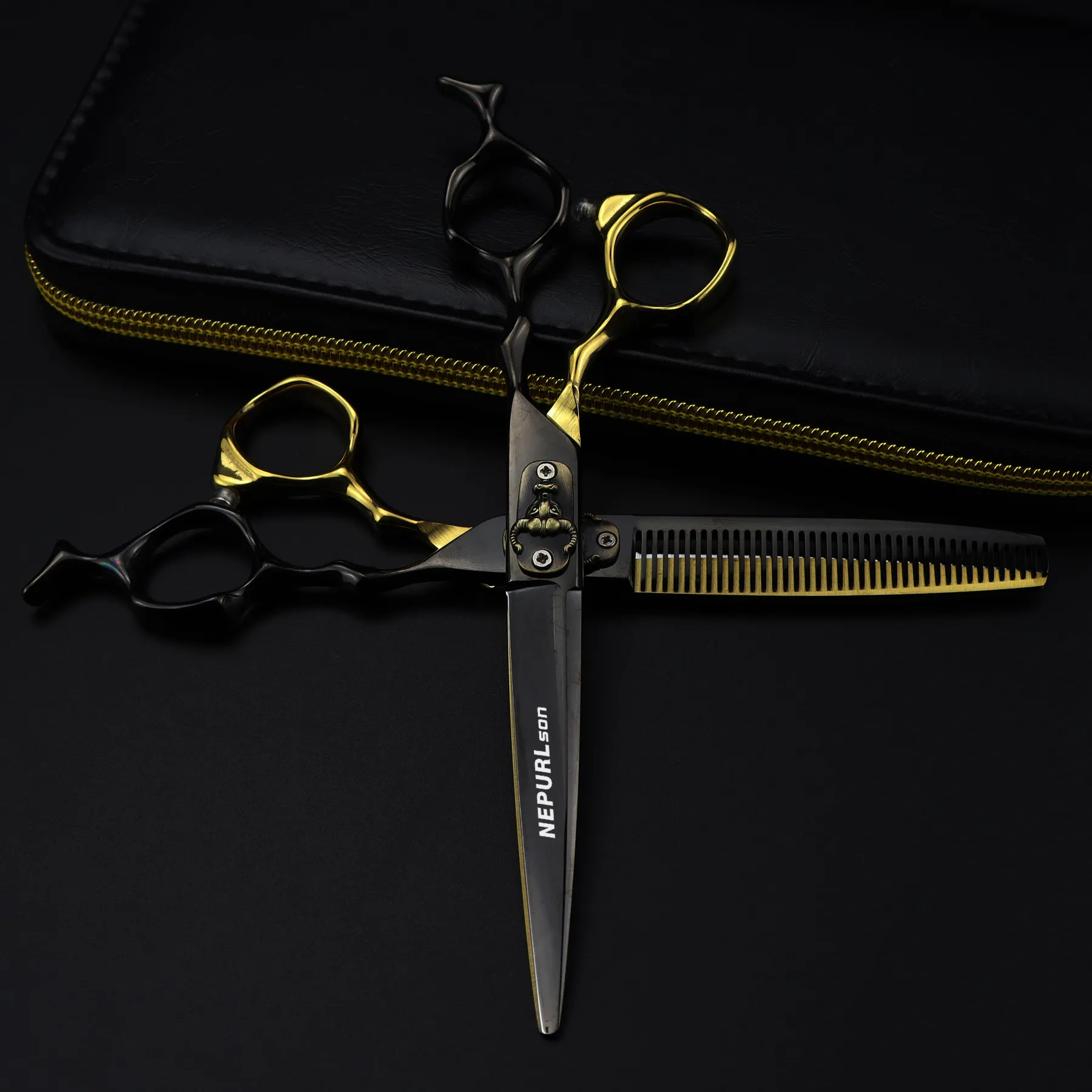 Профессиональные ножницы для стрижки волос NEPURLson, парикмахерские ножницы для волос черного и золотого цвета, 6,0 дюйма
