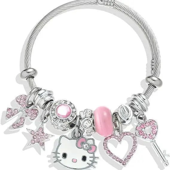 Pulseira Hello KT para mulheres, pulseira de mão ajustável Hello Kitty amor com contas de cristal, alta qualidade e preço baixo