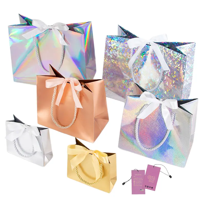 luxury custom logo gift paper shopping bags with logo hologram Paper gift boutique Perfume paperbag white gold pink bags