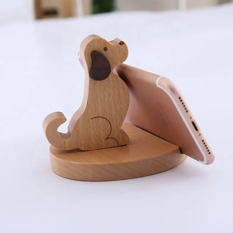 Holz Desktop Handy Stand Buche Hund Handy Basis Cartoon Tier Handy Rack Großhandel benutzer definierte Schriftzug