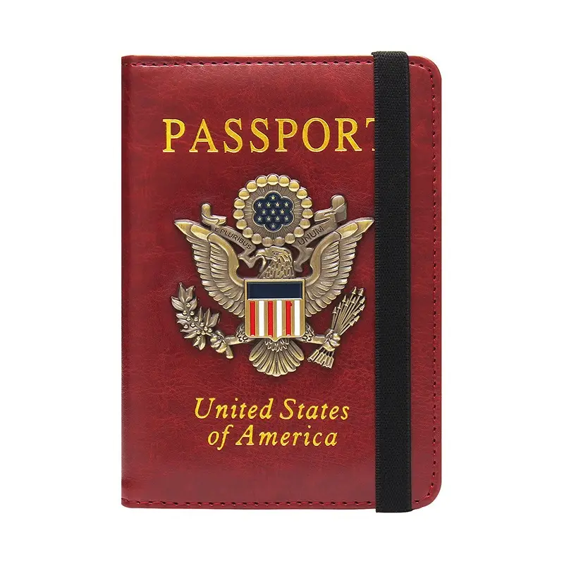 Luxusausweis USA 3D Metallschild Reisepass-Kartewährung Kunstleder RFID-Schutz Reisepass Tickethalter-Abdeckung