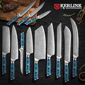 Juego de cuchillos de Chef de cocina profesional, hojas de acero de Damasco con estampado de gota de lluvia de caballo azul con mango de madera Pakka para cocinar - Product Image 3