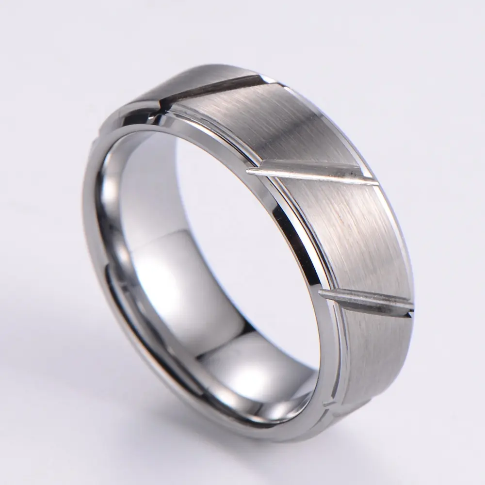 Anillos de carburo de tungsteno para hombre, anillos de boda con borde biselado cepillado de plata, 6mm/8mm, nuevo estilo