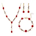 Vintage Charm Diamond Rose Flowers Vine Necklace and Earrings Romantic Red Roses Jewelry Set