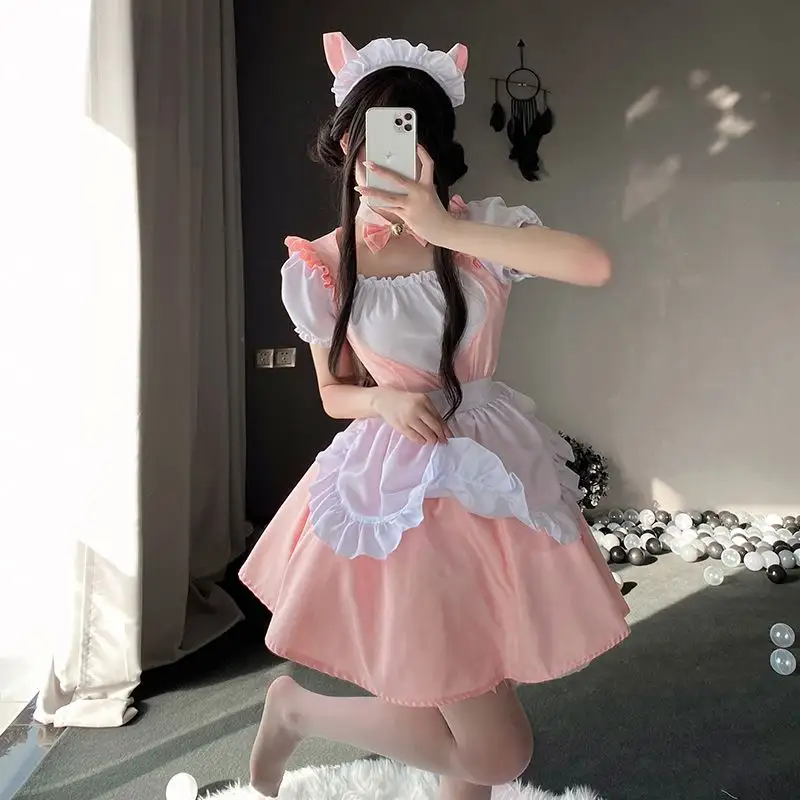 Vestido de empregada doméstica Lolita rosa, vestido macio e fofo para empregada doméstica, cosplay Kawaii, conjuntos de figuras de quadrinhos para mulheres, em oferta