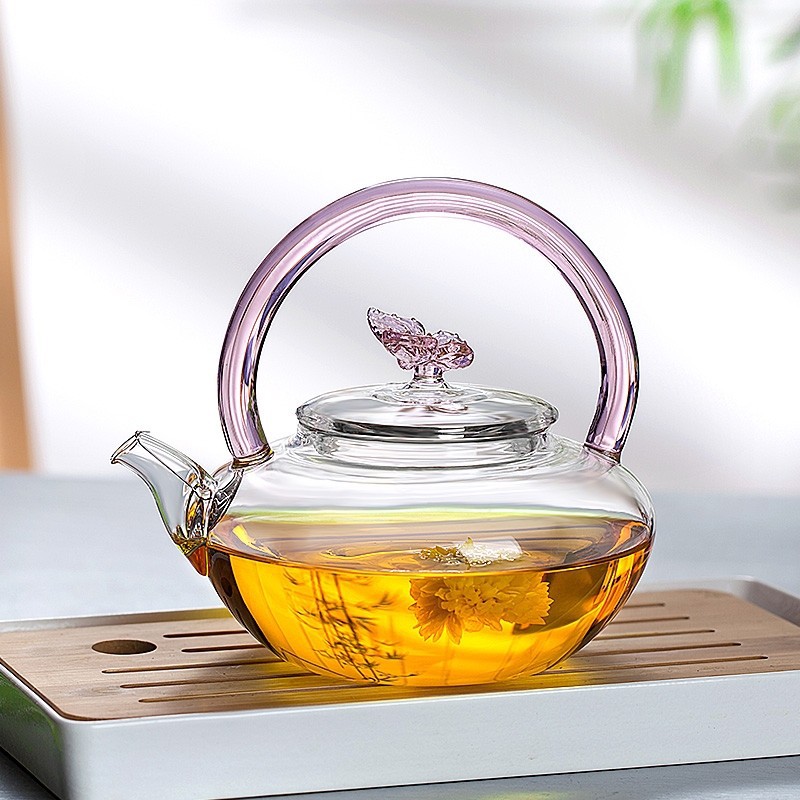 37Years Factory Glass Teapot With Pink Lift Handle Microwave & Dishwasher Safe High Borosilicate Tea Kettle 700ml