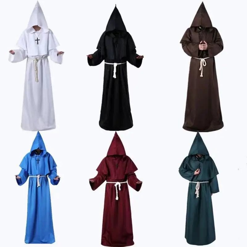 Médiéval Rétro Adulte Cape Scène Performance Costume Halloween À Capuche Robe Moine Robe Cape À Manches Longues Assistant Cosplay Costume