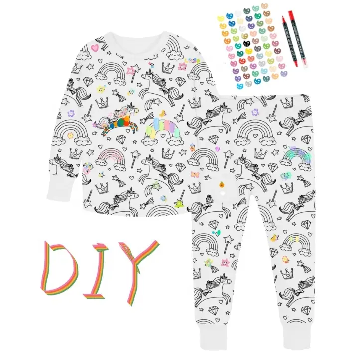 wholesale pajamas kids clothing sets girls boys clothes princess pattern for 3-8years old coloring pajamas for kid with markers