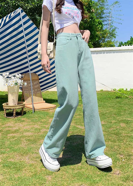Cor calças perna larga das mulheres cintura alta sag 2022 primavera/verão skinny calça jeans perna reta americana alta rua calças cor