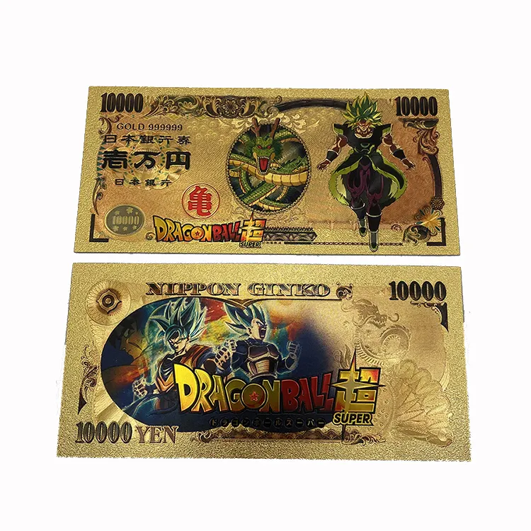 Meilleures ventes japon Anime Dragon Ball 10000 Yen cartes 24k billet de banque en feuille d'or pour Collection