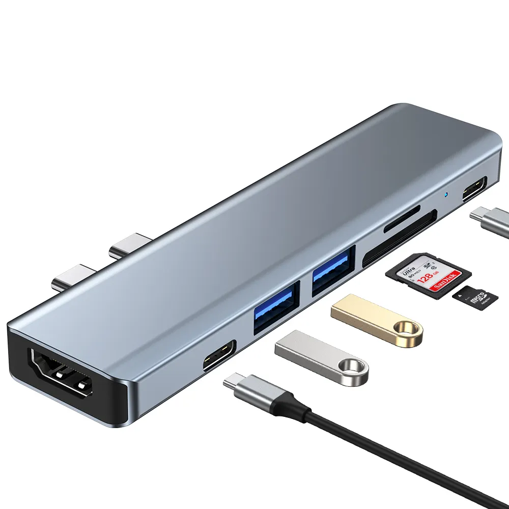 Adaptor Multiport Usb 7 Dalam 1, Hub USB Tipe C dengan HDM-I 4K USB 3.0 Pembaca Kartu Sd untuk Aksesori Komputer