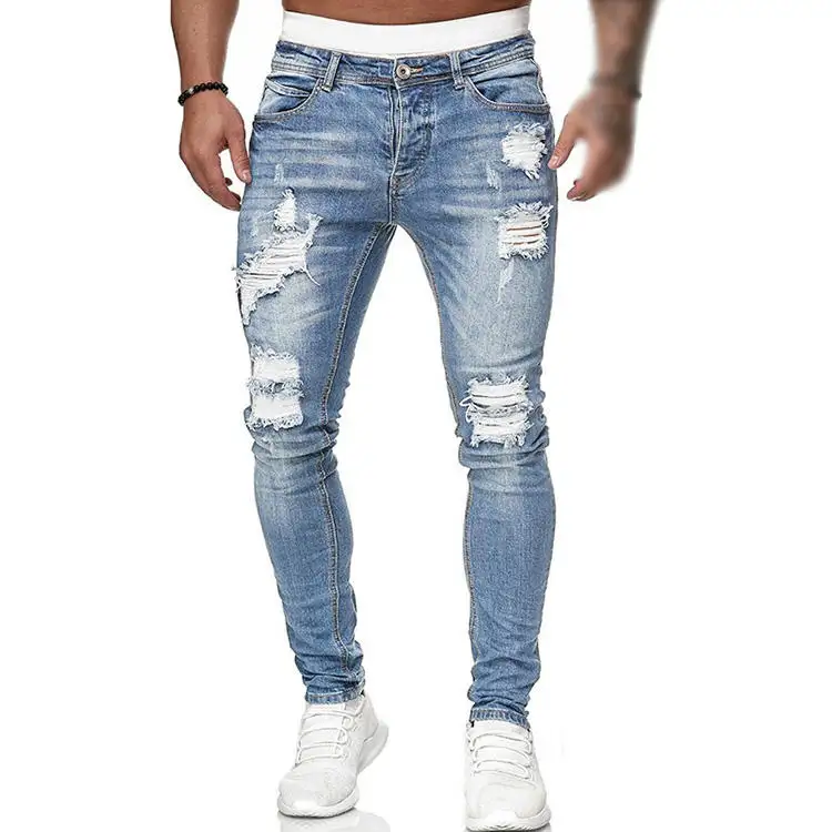Pantalones vaqueros para hombre, jeans ajustados, rasgados y rasgados, color azul, de alta calidad, venta al por mayor