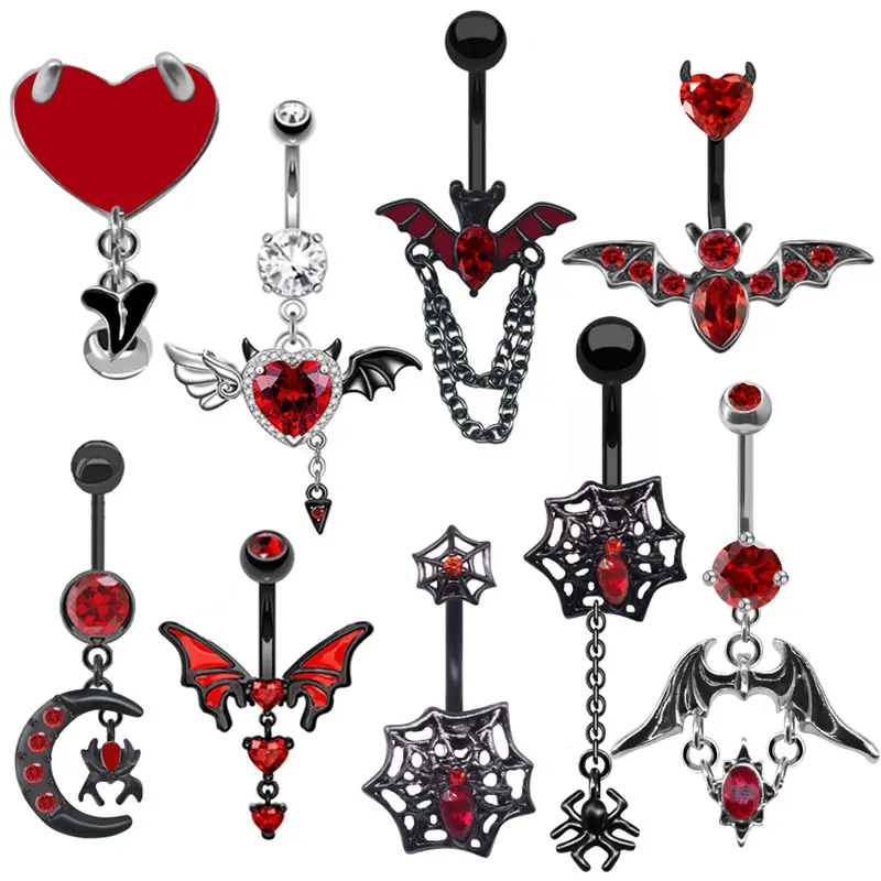 YICAI Gothic 316L Stainless Steel Black Red Bat Navel Piercing For Women Spiders Heart Wings Belly Button Rings