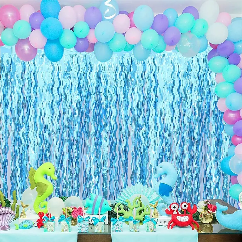 Puntelli per Photo Booth per il compleanno della sirena decorazioni per feste sotto il mare tende ondulate con frange in lamina per tende