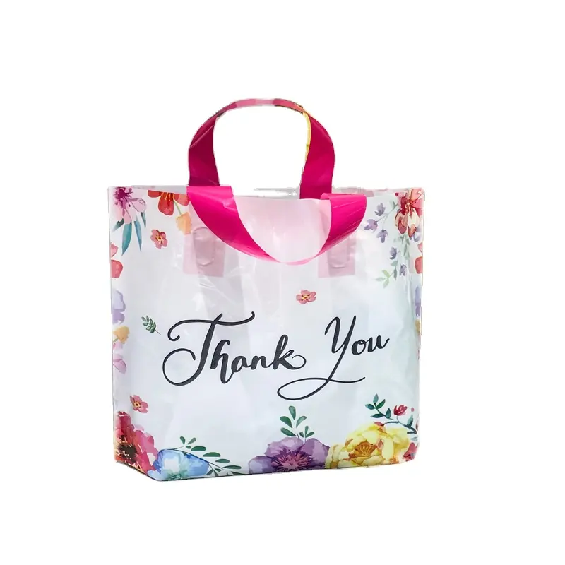 Thank You Bags for Business Floral Plastic Shopping Bags With Soft Loop Handle Thank You Shopping Bags