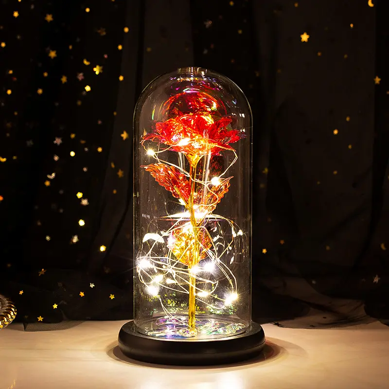 โคมไฟดอกกุหลาบ LED,โคมไฟโดมแก้วฟอยล์สีทอง24K ของขวัญวันแม่วาเลนไทน์ดอกกุหลาบตกแต่งด้วยโคมไฟ