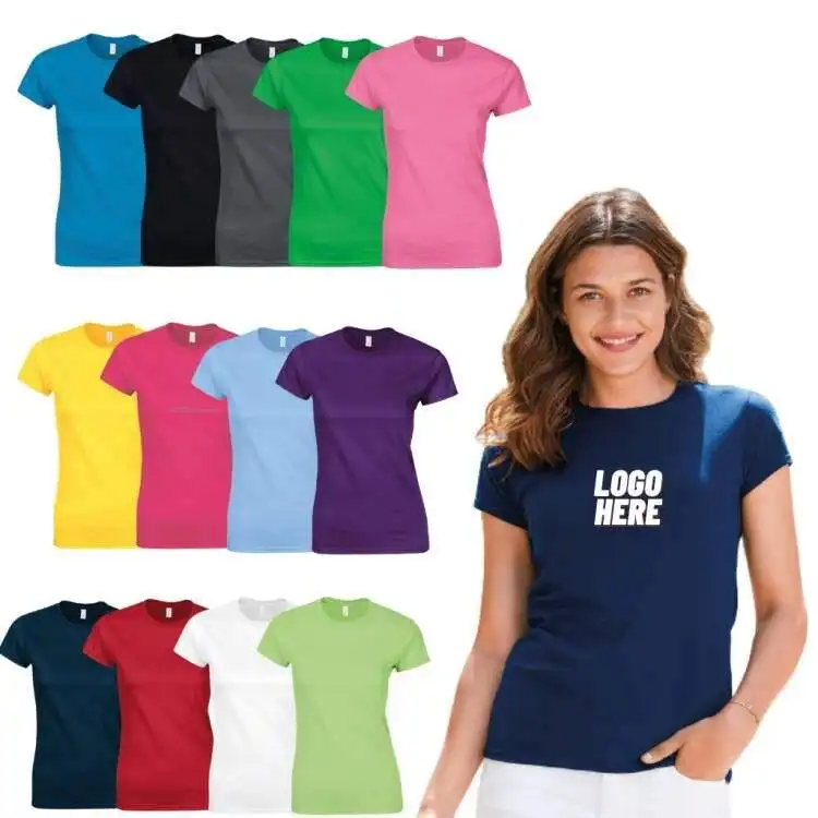 Colores Camiseta estilo casual señoras gráfico camisetas al por mayor de gran tamaño en blanco sólido logotipo personalizado cuello redondo liso para mujer impreso