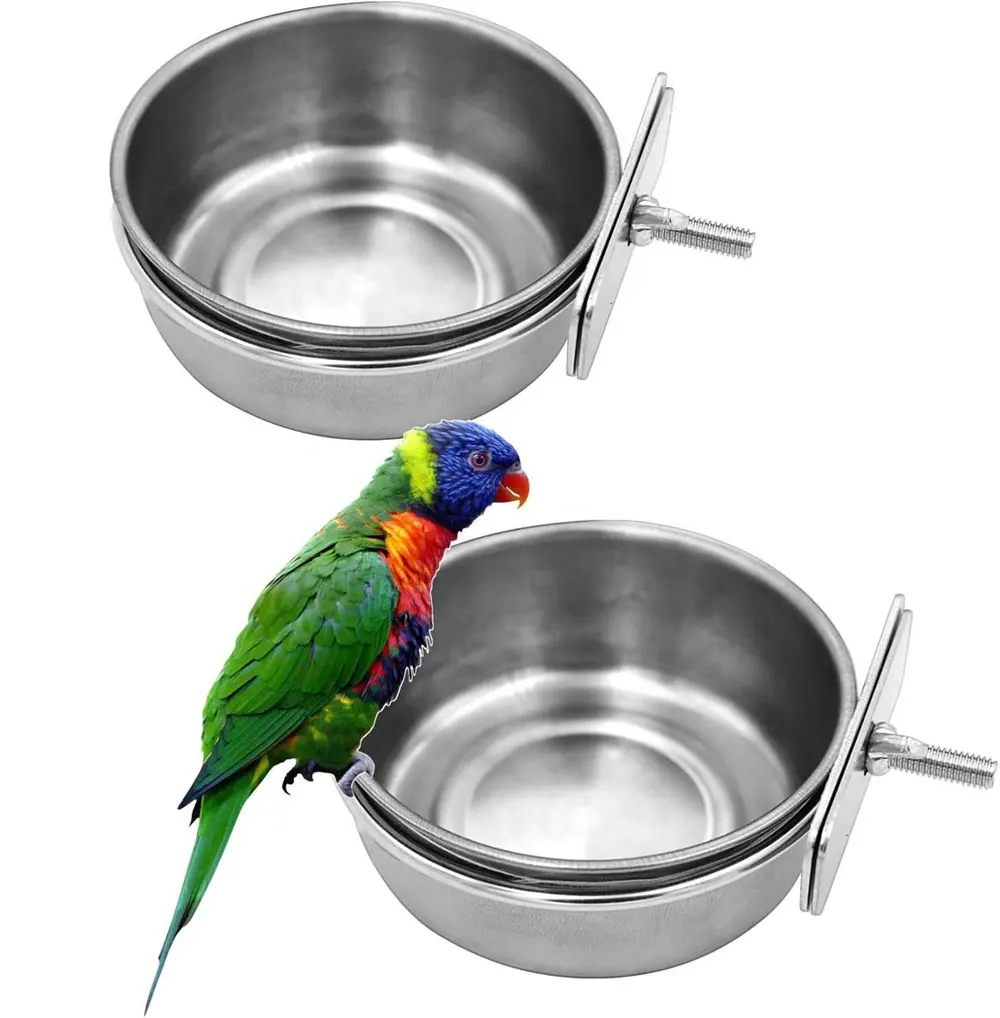 Bird Feeding Cups with Clamp Holder, Parrot Food & Water Cage Hanging Bowl Stainless Steel Coop Cup Dish Feeder for Parakeet