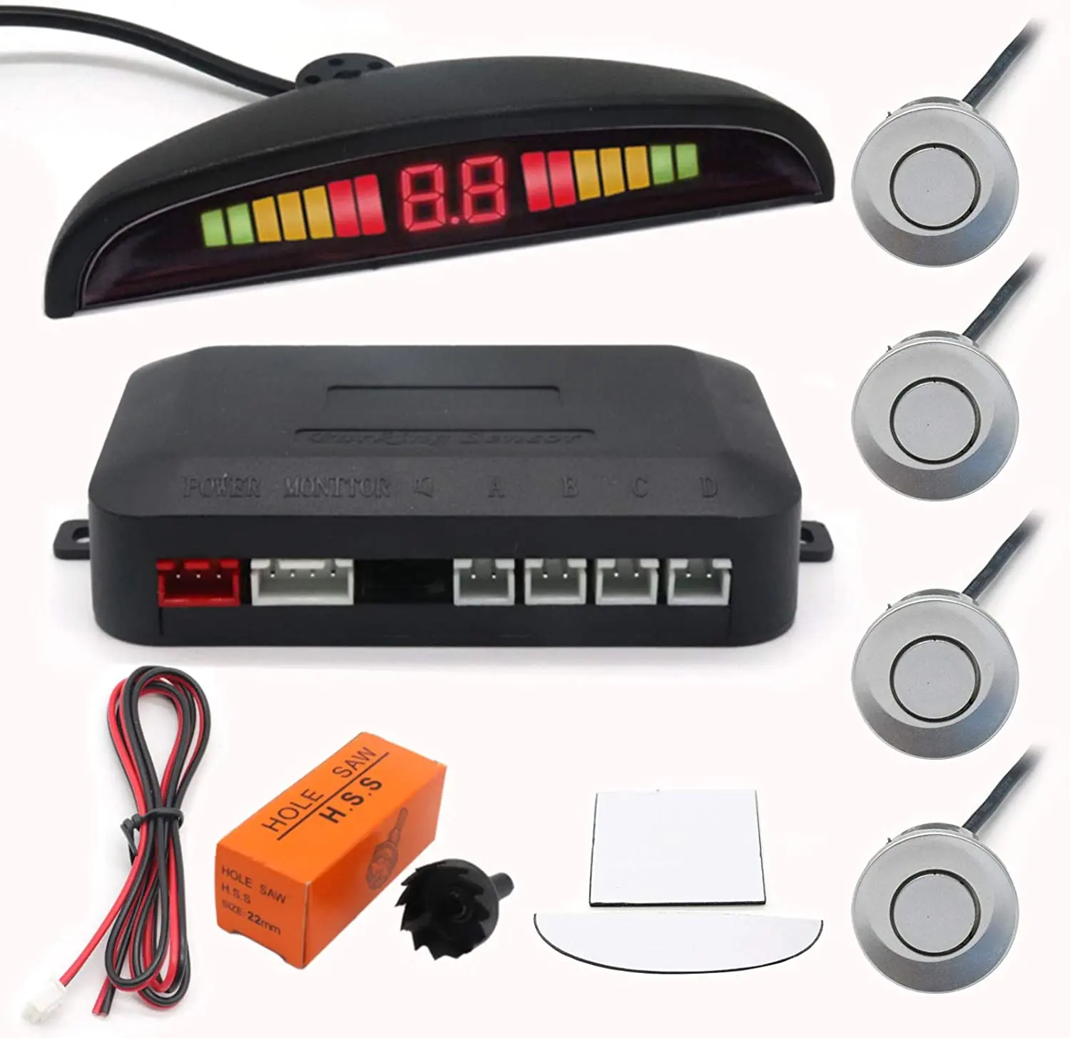 Kit de Sensor de aparcamiento LED para coche, 4 sensores, 22mm, 8 colores, Radar de marcha atrás, sistema de alerta de sonido